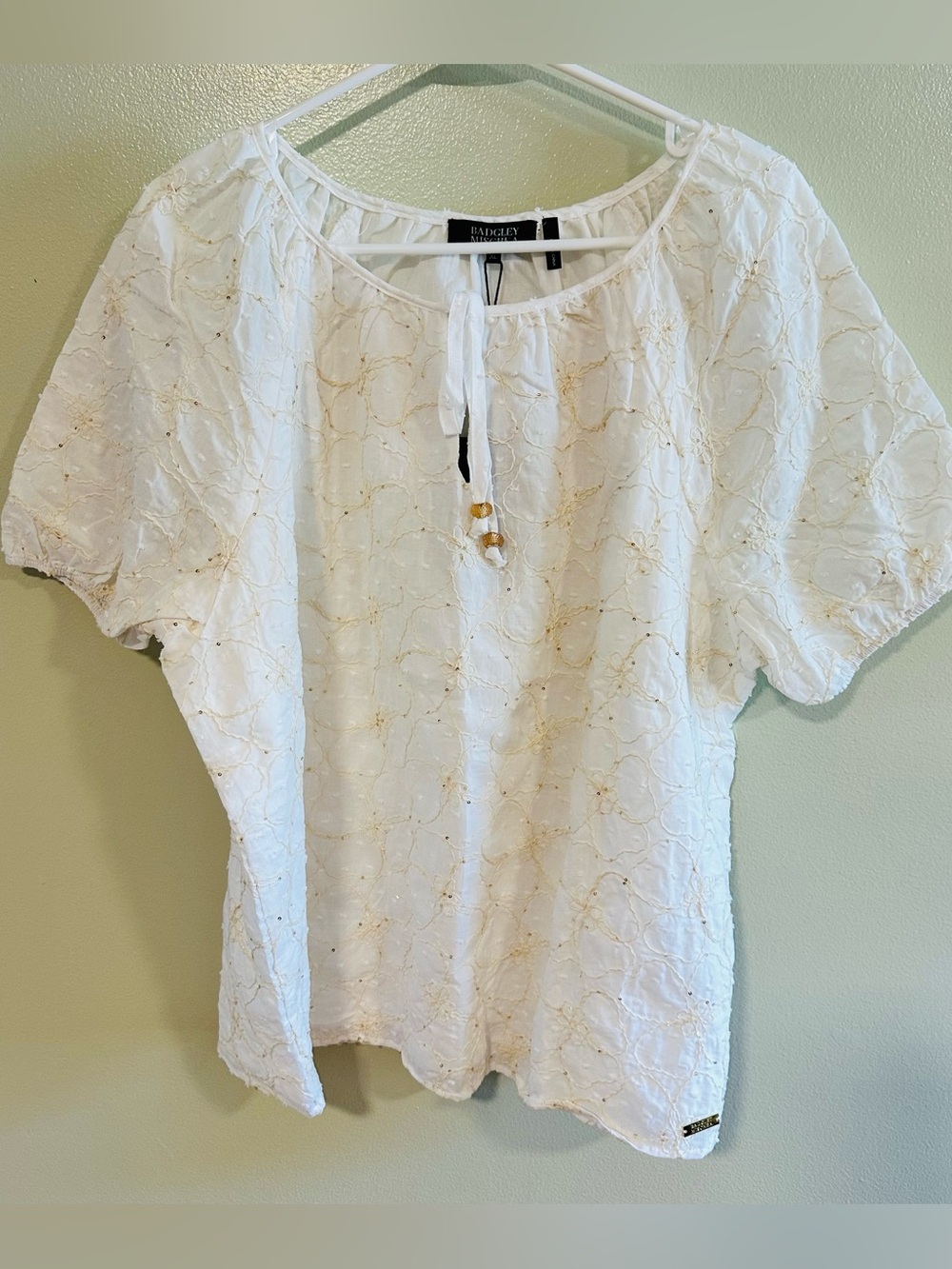 Badgley Mischka White Eyelet Tie-Neck Blouse with Gold Accents